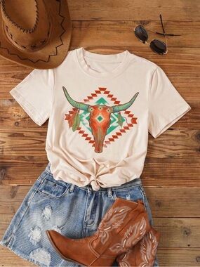 Cream and Colorful Western Skull Tee